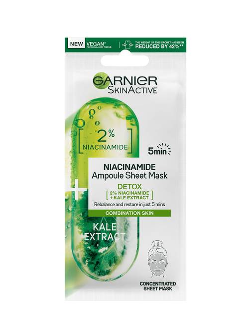 Garnier-fast-action-Niacinamide-Kale-ampoule-sheet-mask.jpg Garnier Skin Active 2% Niacinamide + Kale Detox Ampoule Sheet Mask 15g - Image 1