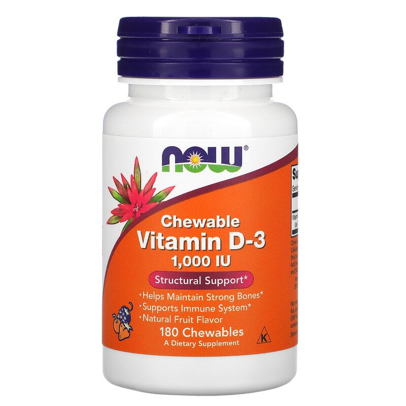 Now-Foods-Chewable-Vitamin-D-3-Natural-Fruit-Flavor-1000-IU-180-Chewables.jpg Now Foods, Chewable Vitamin D-3, Natural Fruit Flavor, 1,000 IU, 180 Chewables - Image 1