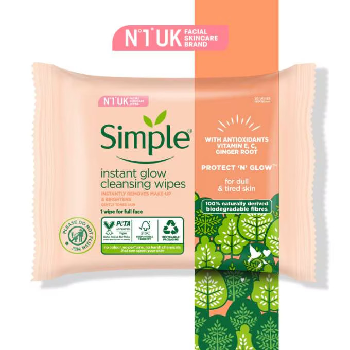 Simple Protect 'N' Instant Glow Cleansing Wipes 20's Simple Protect 'N' Instant Glow Cleansing Wipes 20's - Image 1