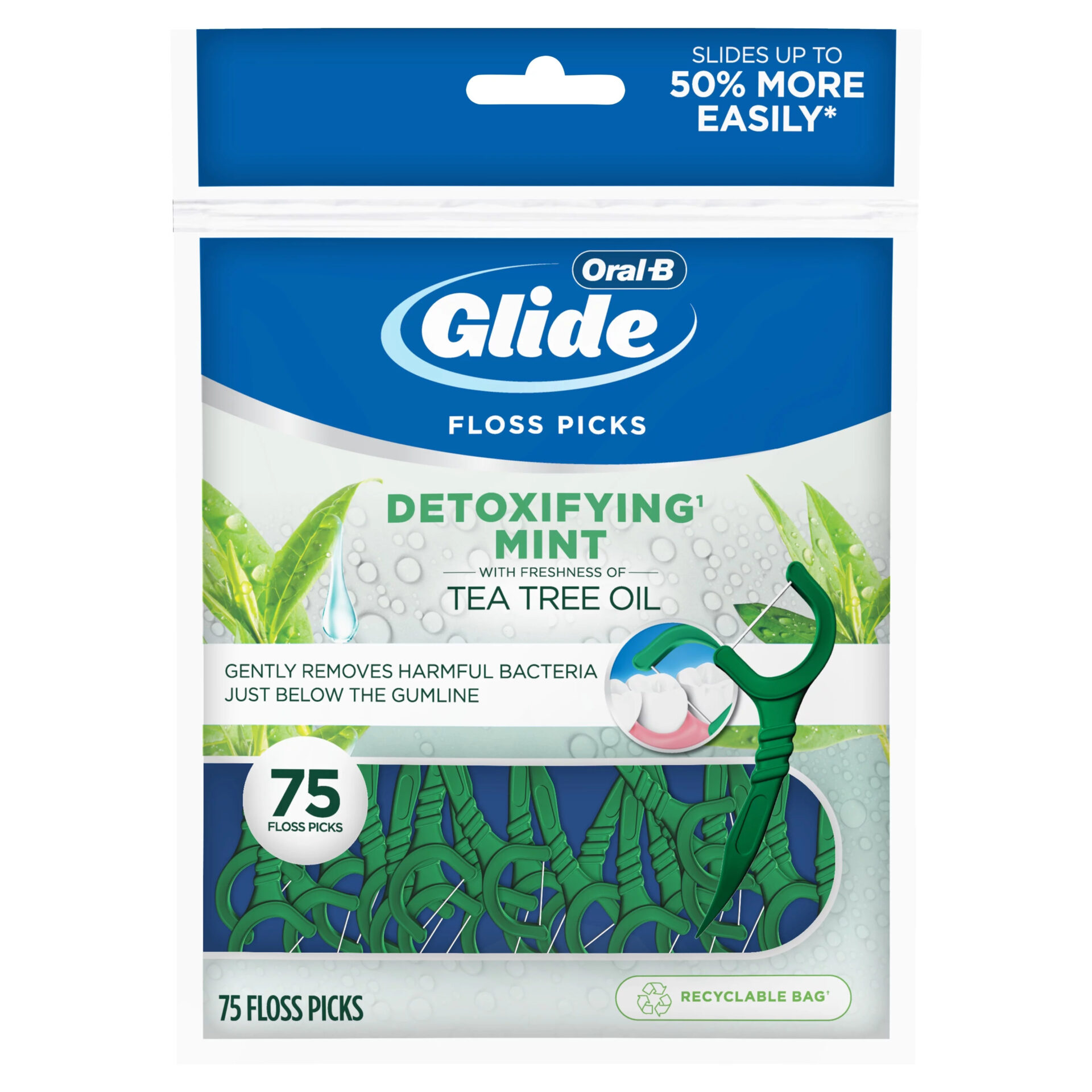 Oral-B-Glide-Detoxifying-Mint-Dental-Floss-Picks-Infused-with-Tea-Tree-Oil-75-Count_ Oral-B Glide Detoxifying Mint Floss Picks - Image 1