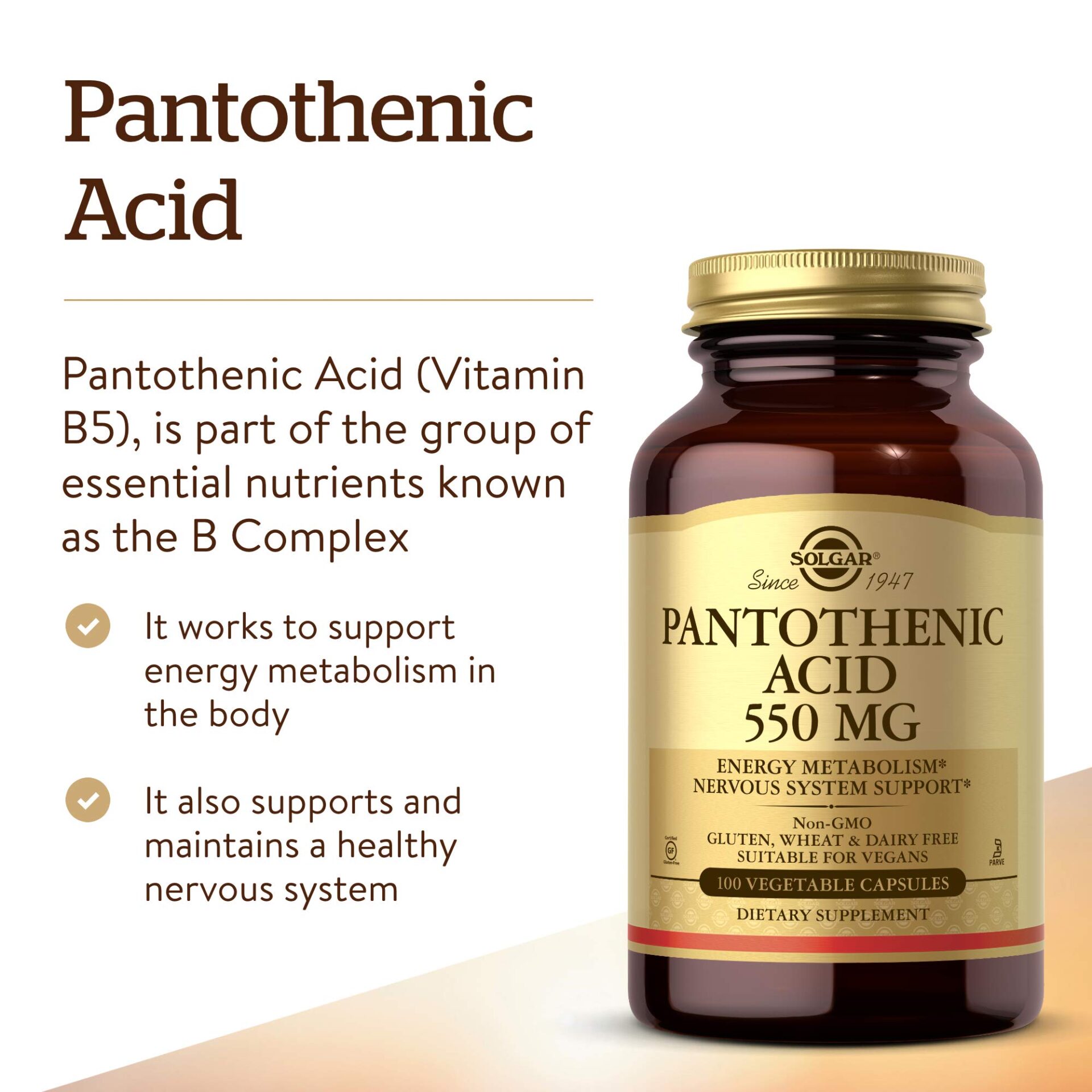 solgar Pantothenic Acid 550mg Vcaps 100's (Vitamin B5) Solgar Pantothenic Acid 550mg Vegetable Capsules 100's - Image 1