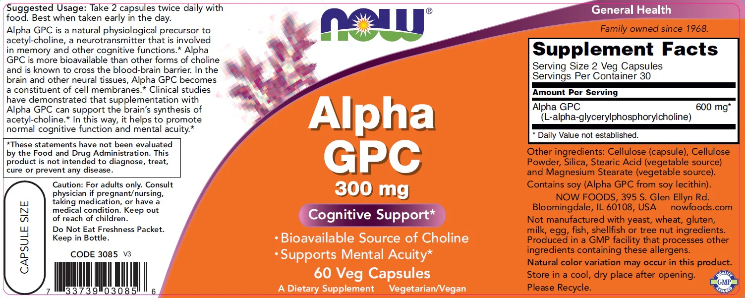 NOW Foods Alpha GPC 300mg Caps 60's - HEMLOCK PHARMACY