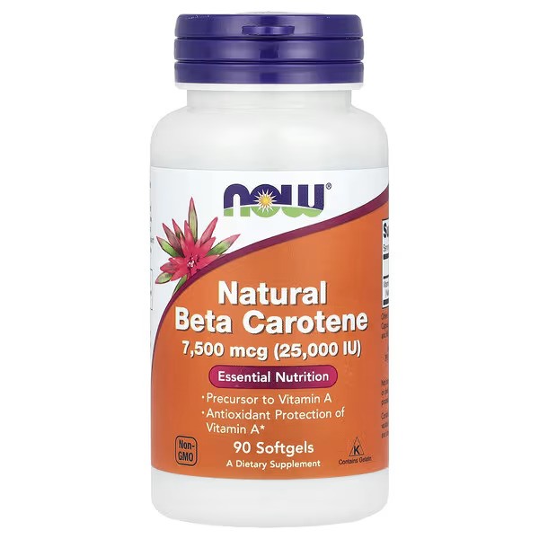 NOW Foods Natural Beta Carotene NOW Foods, Natural Beta Carotene, 7,500 mcg (25,000 IU), 90 Softgels - Image 1