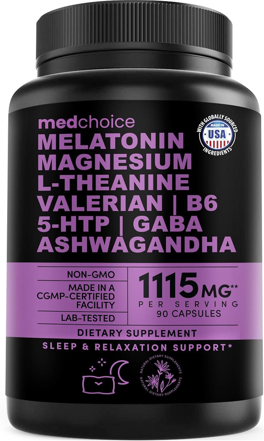medchoice sleep supplement MEDCHOICE 12-in-1 Sleep Supplement with Melatonin 5mg and Magnesium Glycinate 500mg, Ashwagandha, L Theanine, Valerian Root, GABA, 5-HTP 1115mg capsules 90's - Image 1